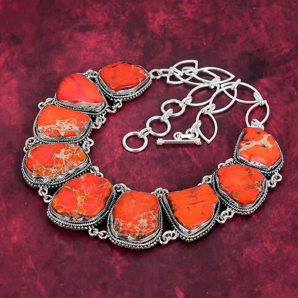 Orange Sea Sediment 925 Solid Sterling Silver Necklace with Adjustable Chain, Handmade Gemstone Jewelry Necklace For Memorial Day