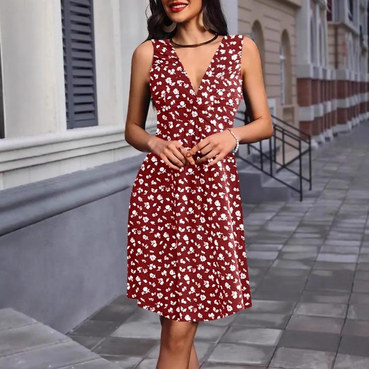 

Летнее женское платье без рукавов с V-образным вырезом А-силуэта с цветочным принтом XL
