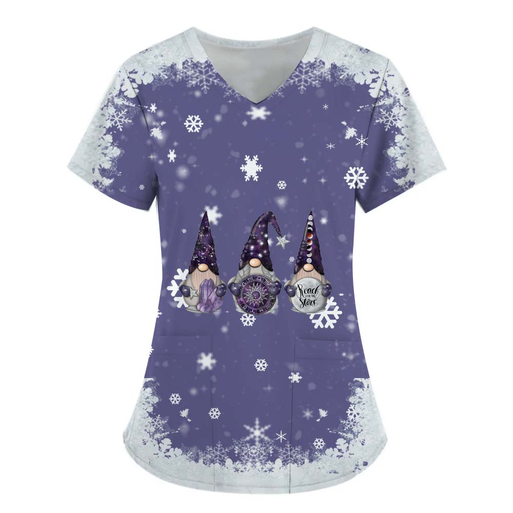 Womens Christmas Nurse Uniforms Print Short Sleeve V Neck Workwear With Pocket Working Nurse Work Wear Overalls Medical Uniforms