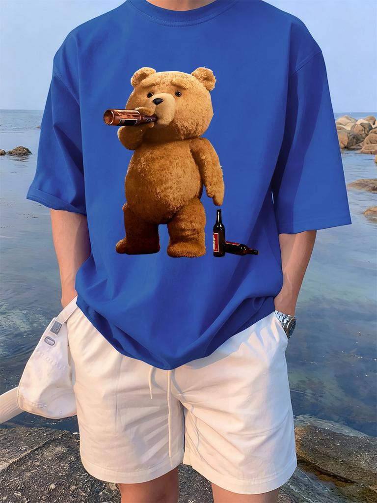 The Melancholic Bear Drinking Printing TShirt Women Cotton Summer T Shirt Comfortable Loose ONeck Tops Street Woman Clothes