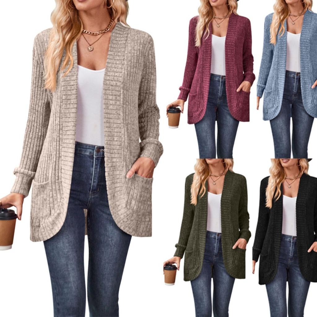 2025 Autumn New Women's Solid Color Ribbed Fleece Casual Patchwork Long Sleeve Cardigan Coat