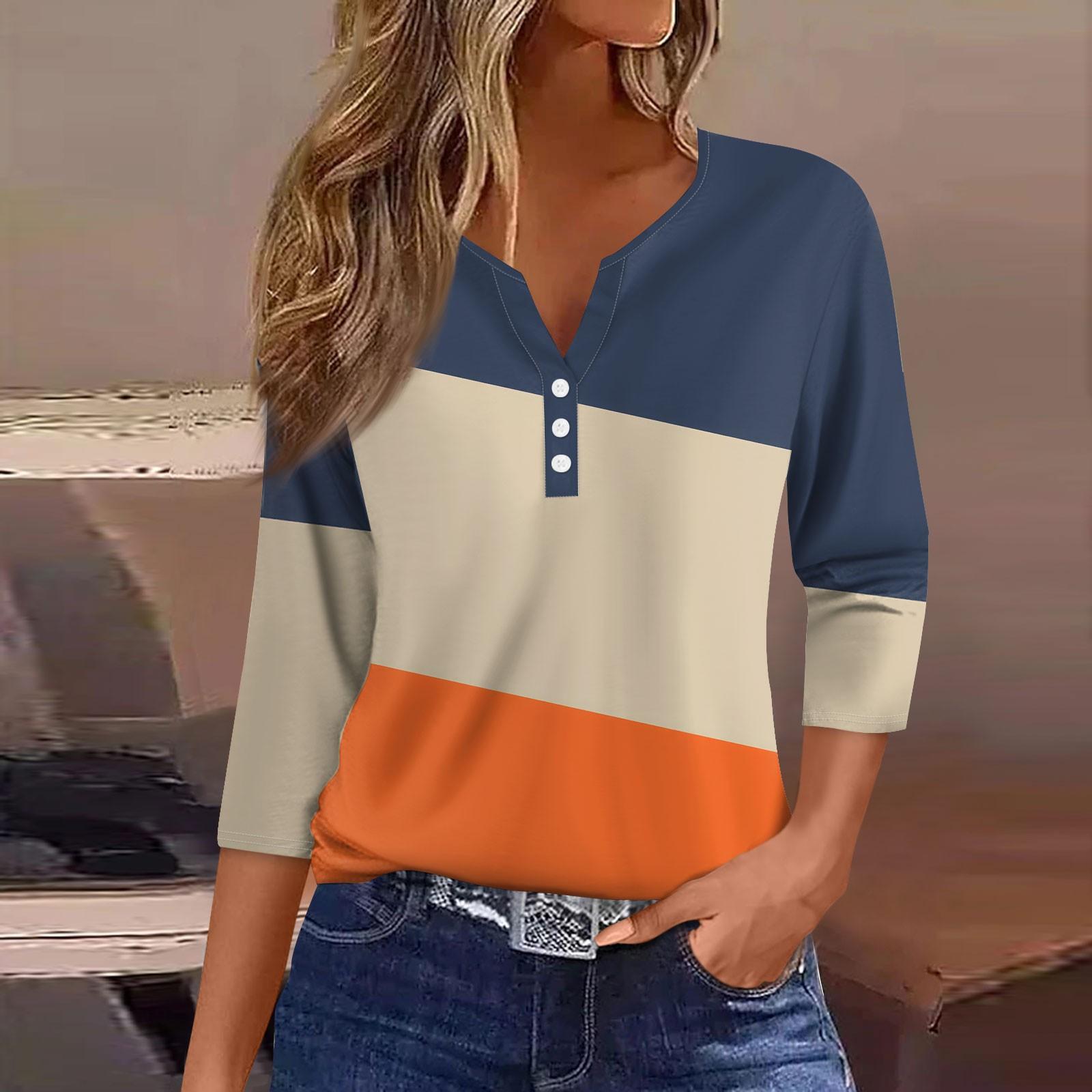 

Жен. Футболка Футболка С принтом Пуговицы Рукав 3/4 Повседневные Выходные Мода Классический V-образный вырез Обычный Топ XXXL тёмно-синий