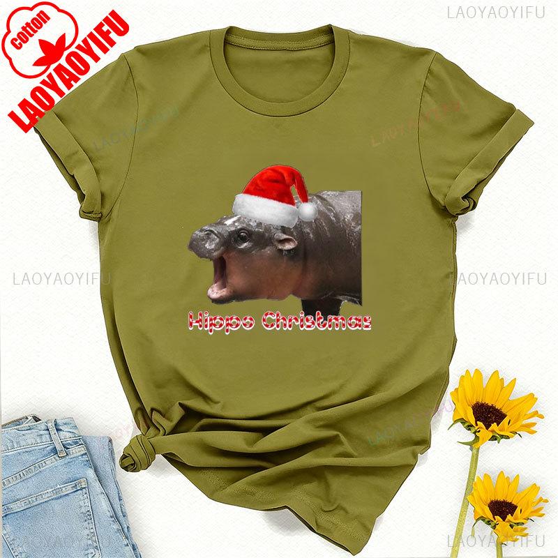 Moo Deng Pygmy Hippopotamus Christmas Hat Graphic Tshirt High Quality Cotton Crewneck Tops Tee Shirt Short Unisex Casual Style