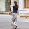 Fashion casual suit pants women's summer new short-sleeved irregular T-shirt printed wide-leg pants two-piece set