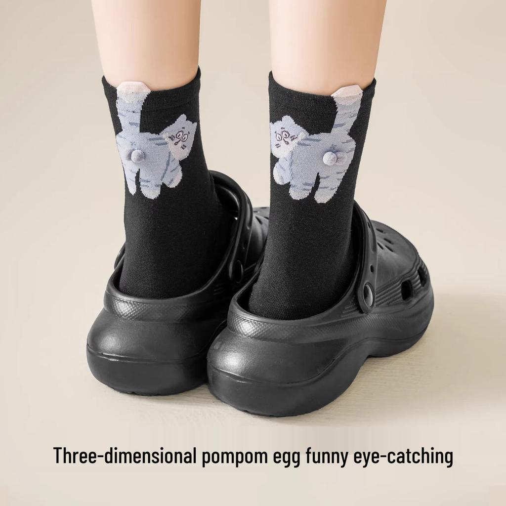 Dámské roztomilé kočičí podkolenky z bavlníku Xinjiang s 3D kuličkovým designem - pro nošení od jara do podzimu