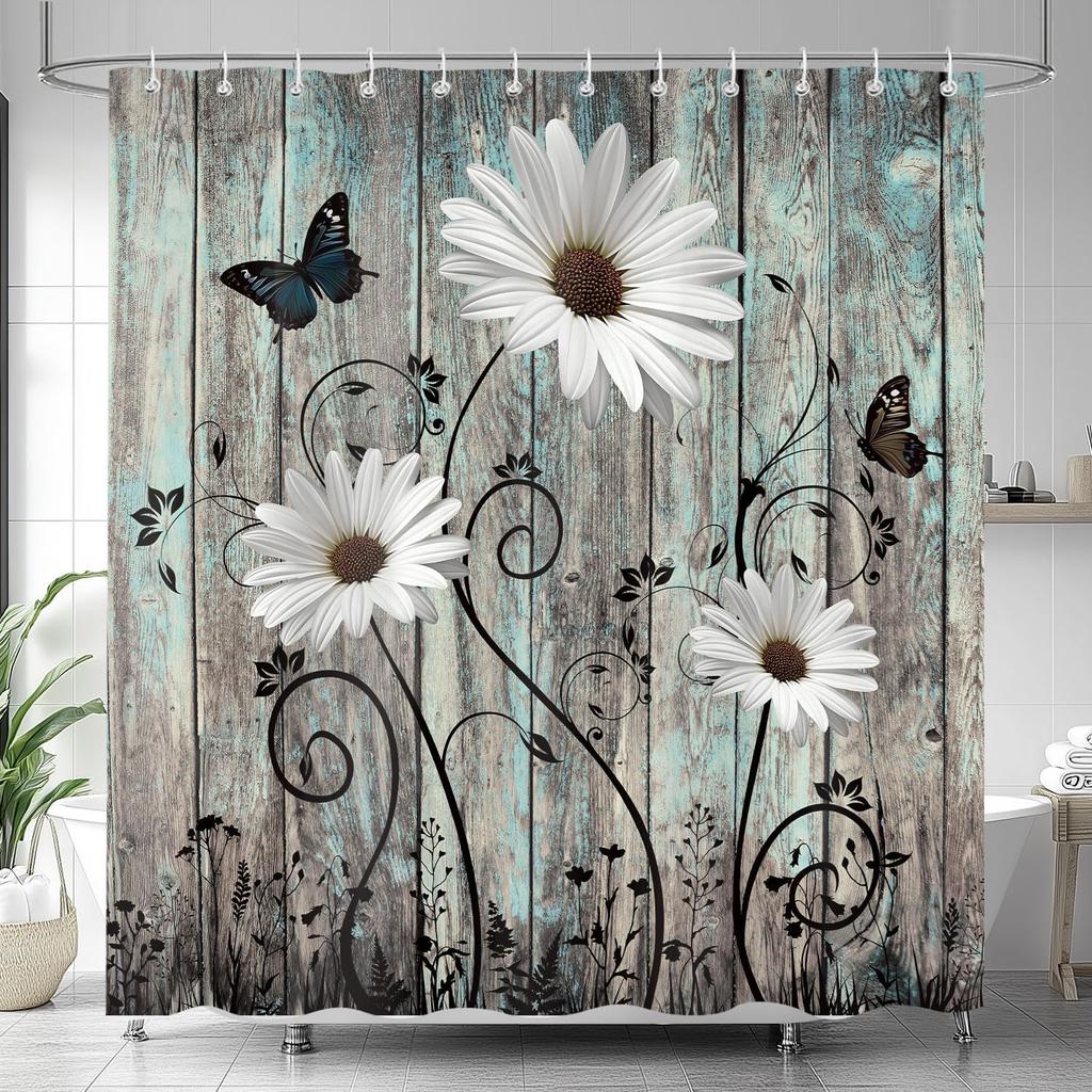 Blue Floral Shower Curtain, Boho Watercolor Botanical Flowers Design Shower Curtain for Bathroom, Natural Teal Gray Plant Decor
