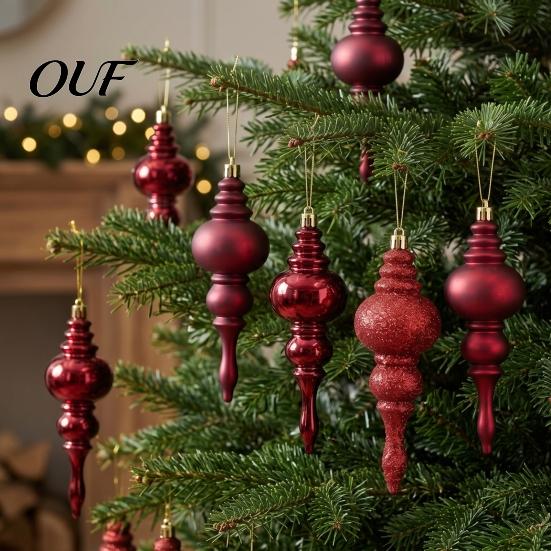 Holiday Party Decoration Accessories 6 Pcs Finial Drop Christmas Ornament, Glitter Shatterproof Plastic Decorative Hanging Ornaments for Home
