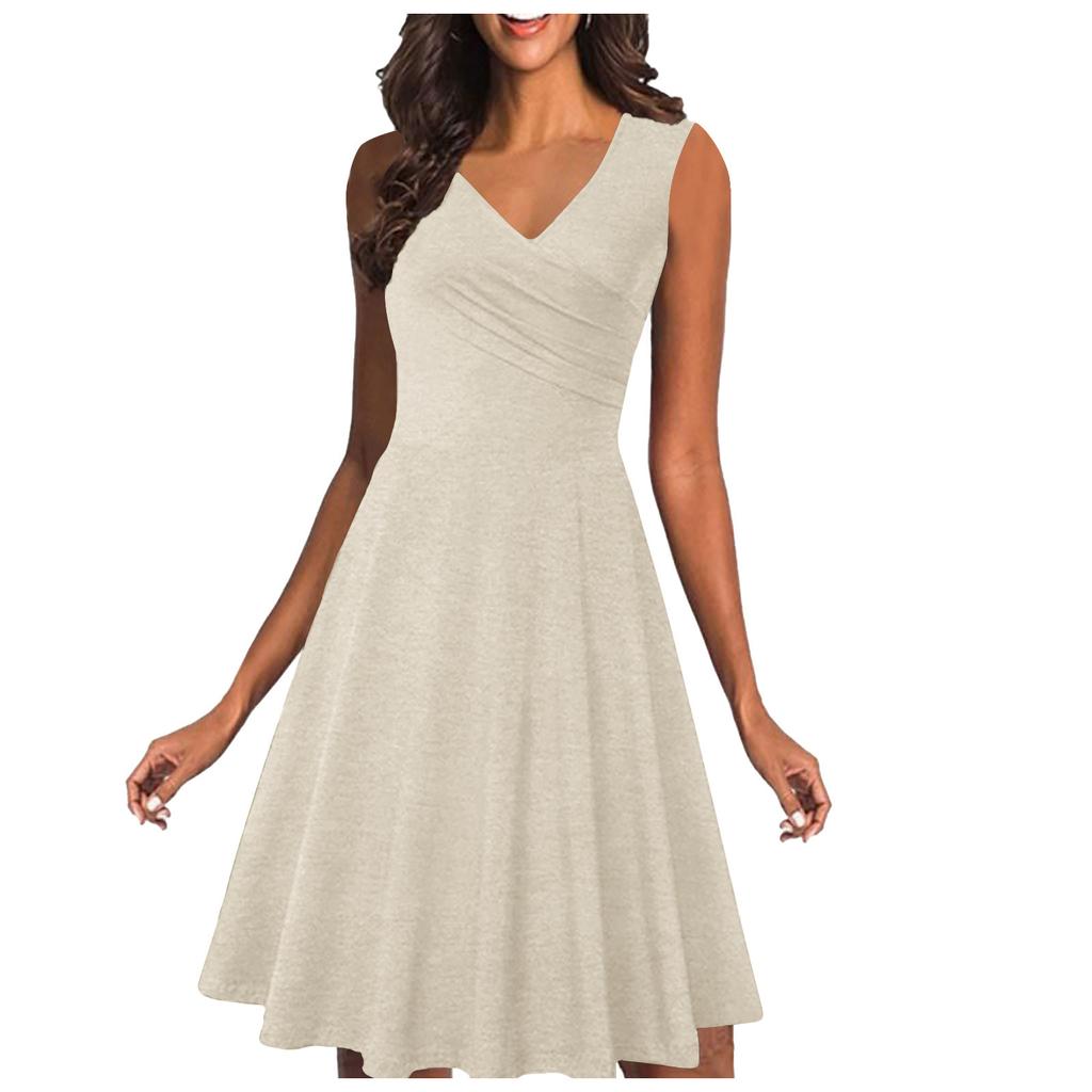 Γυναικείο καλοκαιρινό, κομψό, μεσαίου μήκους φόρεμα αμάνικο με λαιμόκοψη