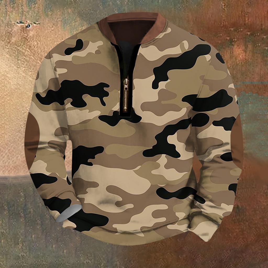 Men's Fashion Casual Half Zip Neck Loose Long Sleeve Camouflage Sweatshirt