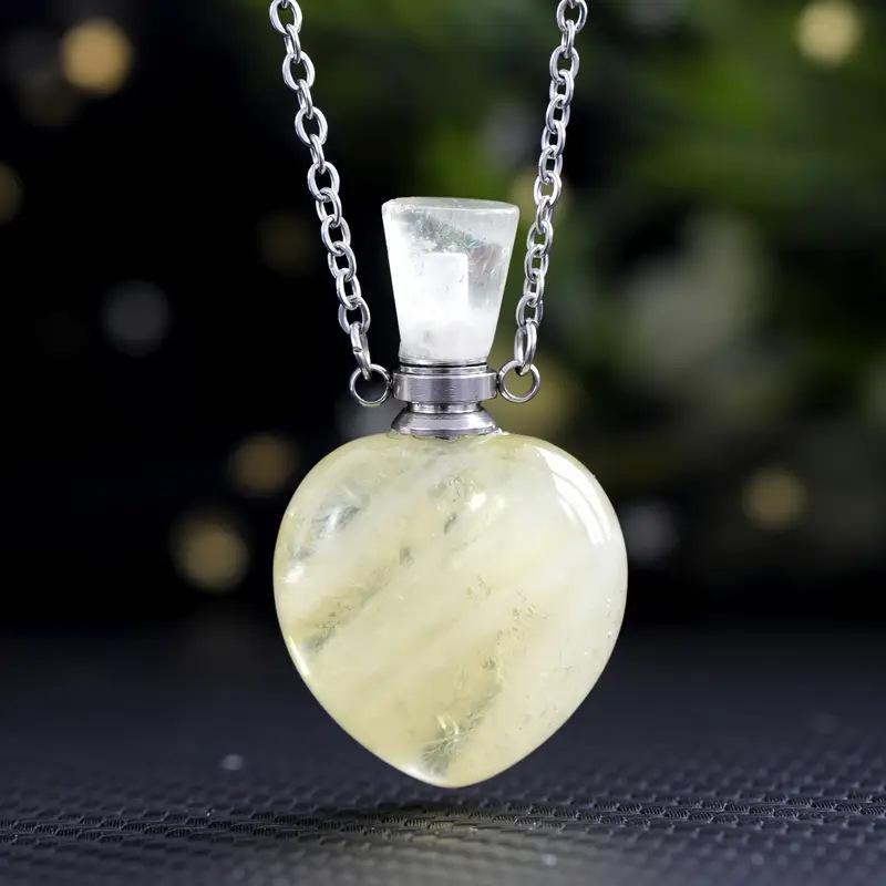 Natural Rose Quartz Crystal Heart Aromatherapy Pendant Bottle