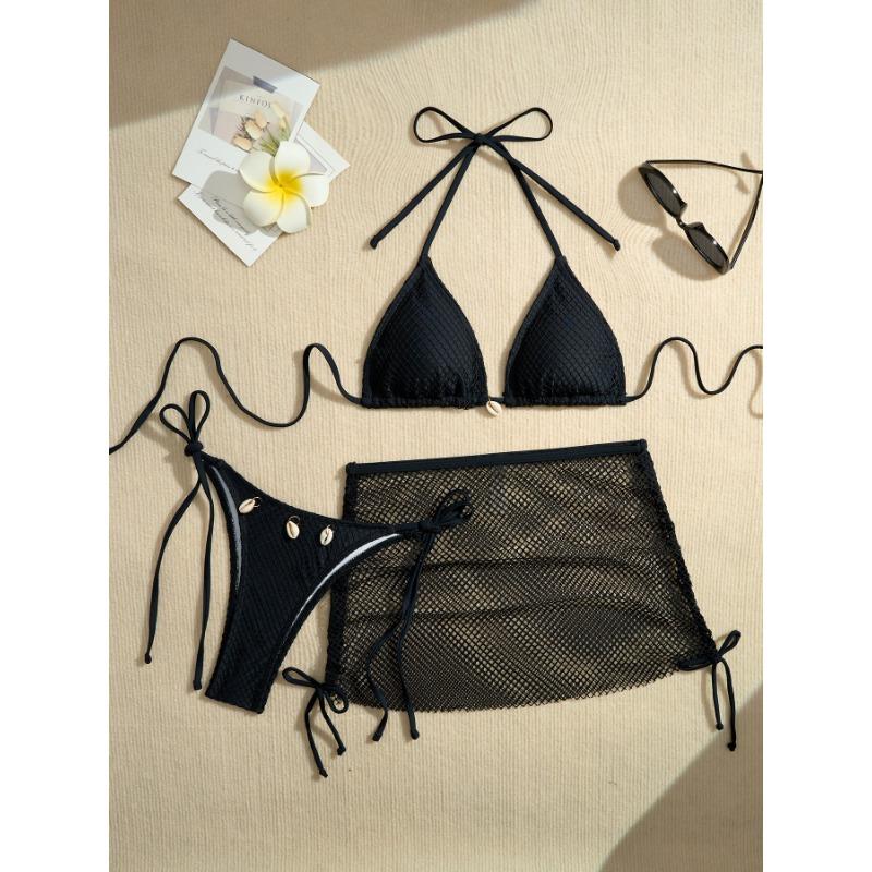 Brown Fishnet 3 Piece Bikini Set with Seashell Decor & Cover Up Skirt