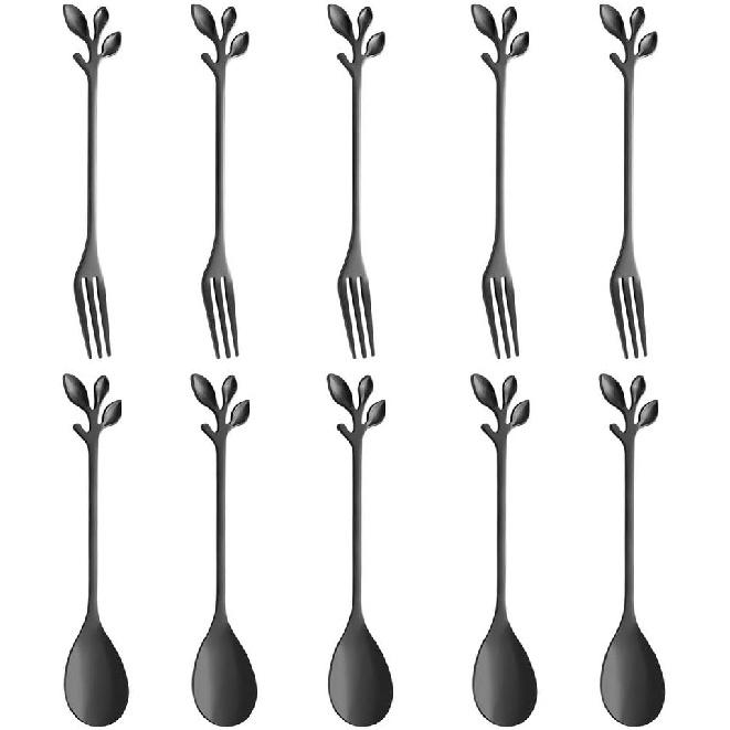 AnSaw 10-Pc Silver Mini Spoons & Forks Set, 4.7" - Stainless Steel, Leaf Handle, Ideal for Coffee,Tea, Appetizers, Tastings, Parties, Charcuterie &