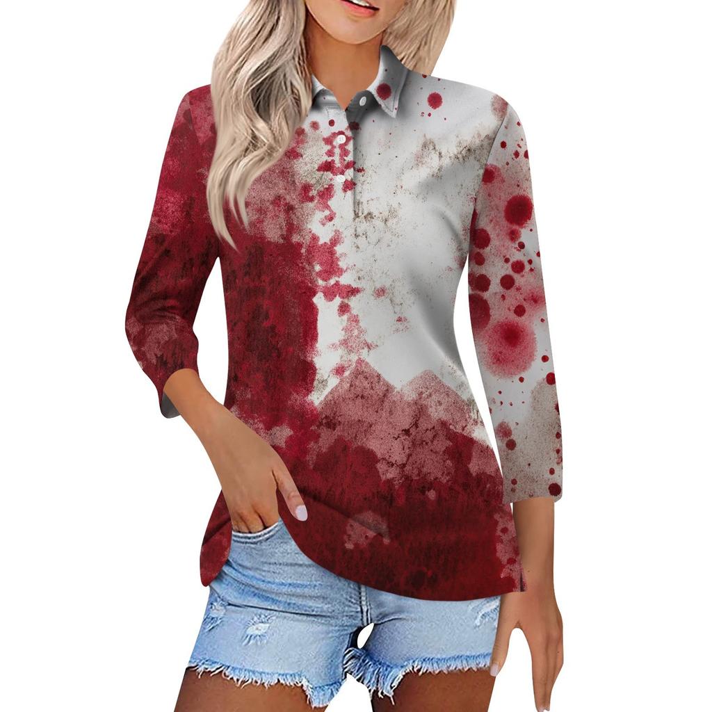Women's Fashion Casual Lapel Short 3/4 Sleeve Halloween Print Shirt Women's Button Up Tops