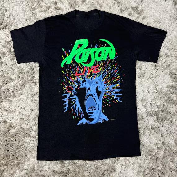 Vintage 1986 Poison Live Short Sleeve Cotton Black All Size T-Shirt HH42