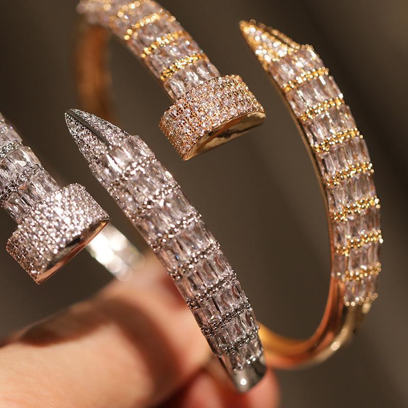 2026 New High-end Super Flash Zircon Nail Bracelet, Personalized Square Emerald Open Bracelet Jewelry