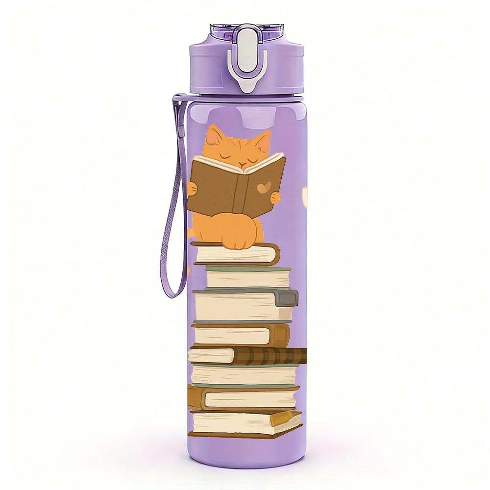 1PC Cat Stack On Top Of Books Print 750ml Color Plastic Sports Water Bottle Leakproof Flip Straw Lid Suitable for Sports Office Home Use