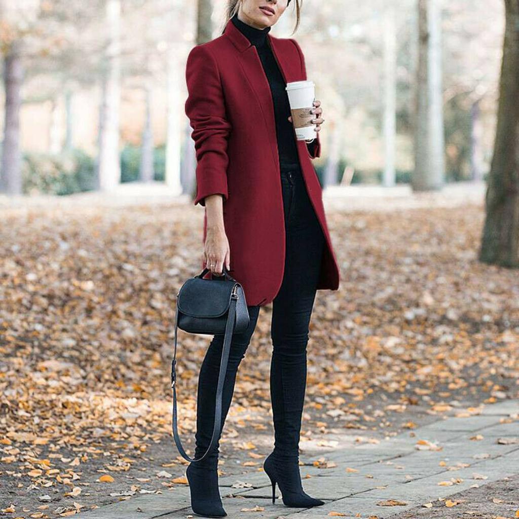 Autumn Winter New Women's Solid Color Stand Collar Woolen Coat, European American Fashion Outerwear