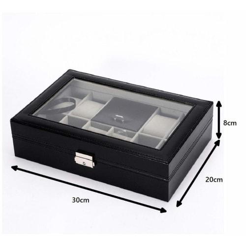 Anberotta Jewelry Watch Case Box, Holds 8 Watches, Accessories, Rings, Jewelry Storage Box with Glass, Collection AT12 (Black)