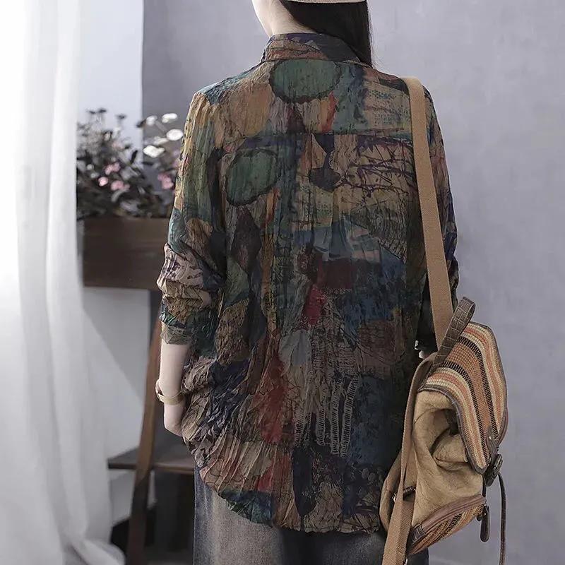 Women's Summer Literary Vintage Printed Thin Shirt Comfortable Casual Loose Top
