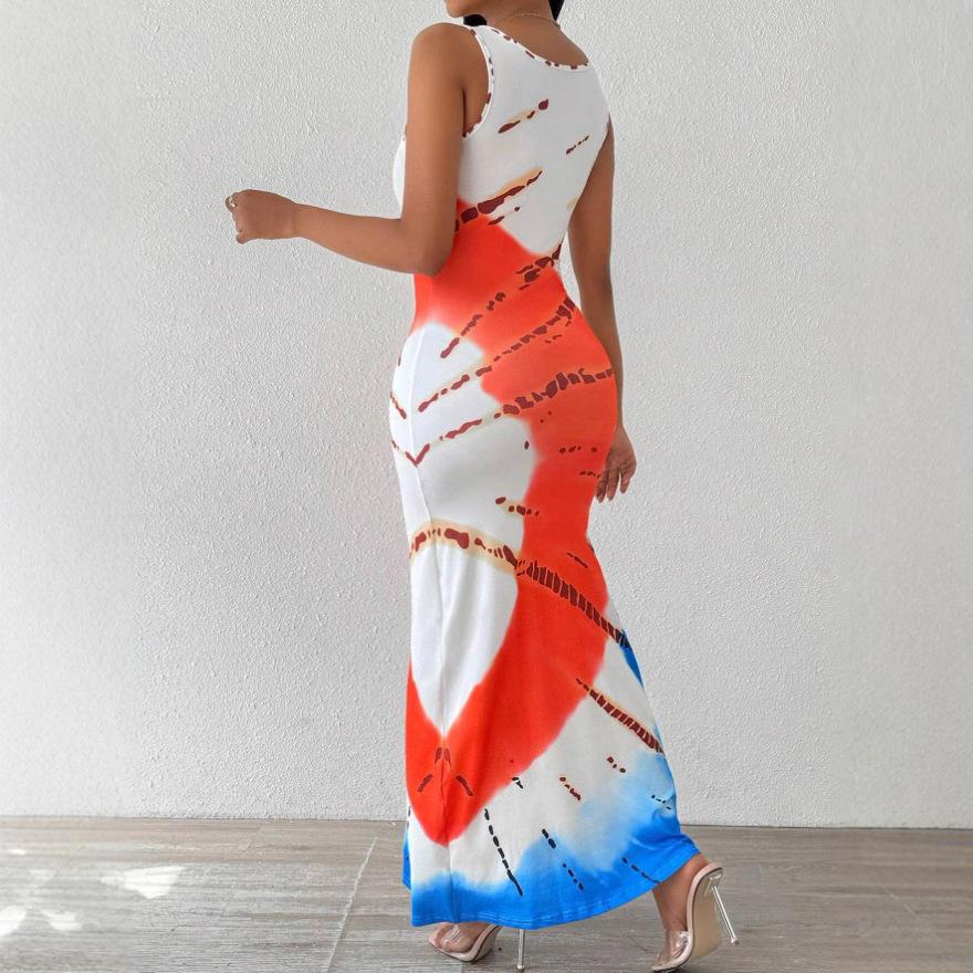 Women Summer Holiday Tie-dye Printed Package Hip One Piece Dress
