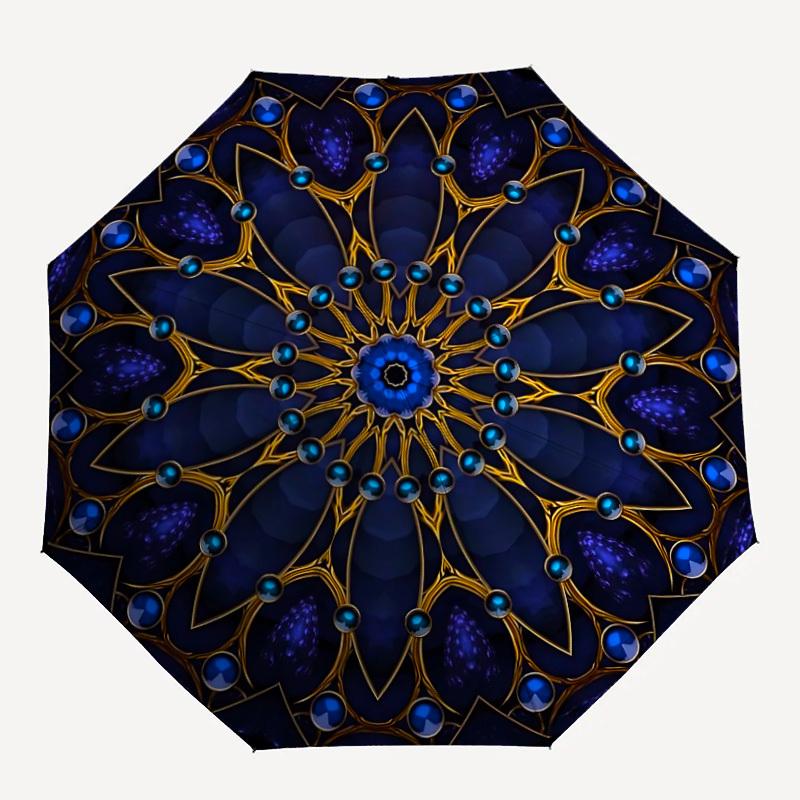 

1PC Blue Mandala Automatic Open/close Umbrella with 8-Rib Structure for Women/Men, All-Season Use - Travel Essential, Stylish Accessory, Highquality F