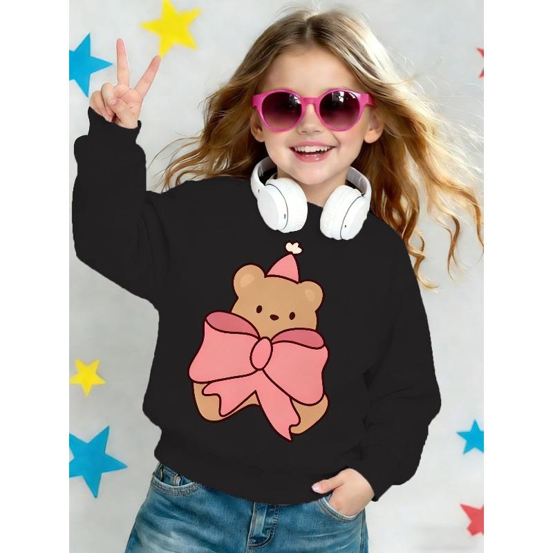 Kids Sweatshirt ,Round Neck Sweatshirt, Spring,Autumn Pink Bow Bear Cartoon Cute Kids' Print Casual Sweatshirt