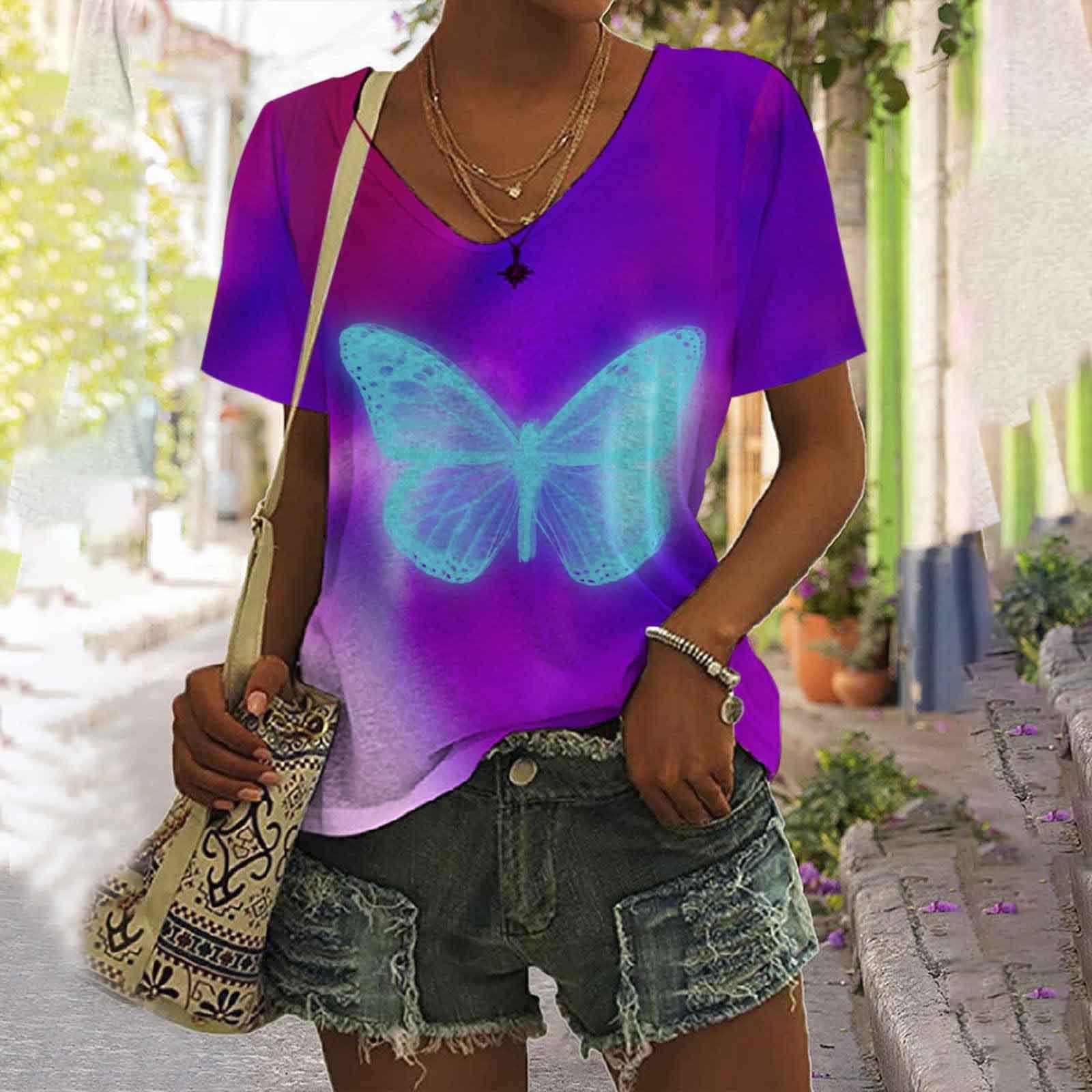 Женская футболка с V-образным вырезом и цифровым принтом в виде бабочки в стиле ретро — фото 9