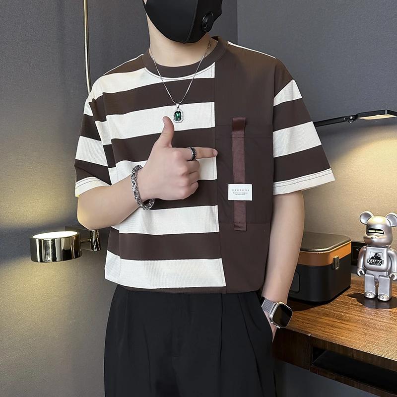 Herren Sommer Hübsches Gestreiftes Kurzarm T-Shirt Design Lässiges Patchwork Oberteil
