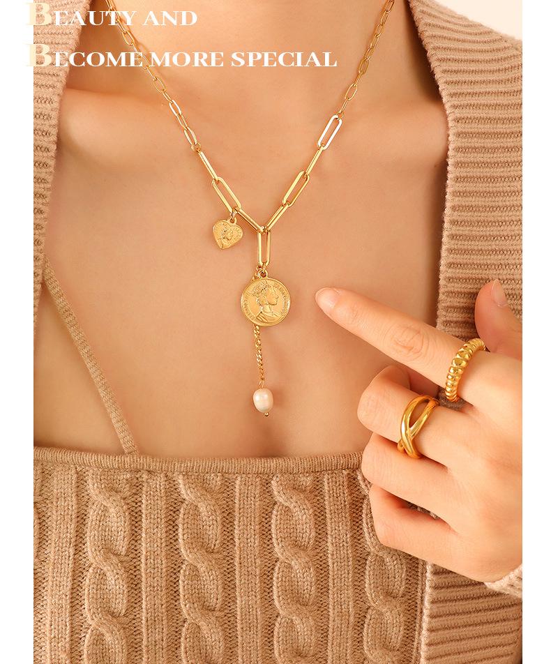 Retro Double-Layer Portrait Pendant Necklace, 18K Gold-Plated Titanium Steel, European & American Design, Clavicle Chain