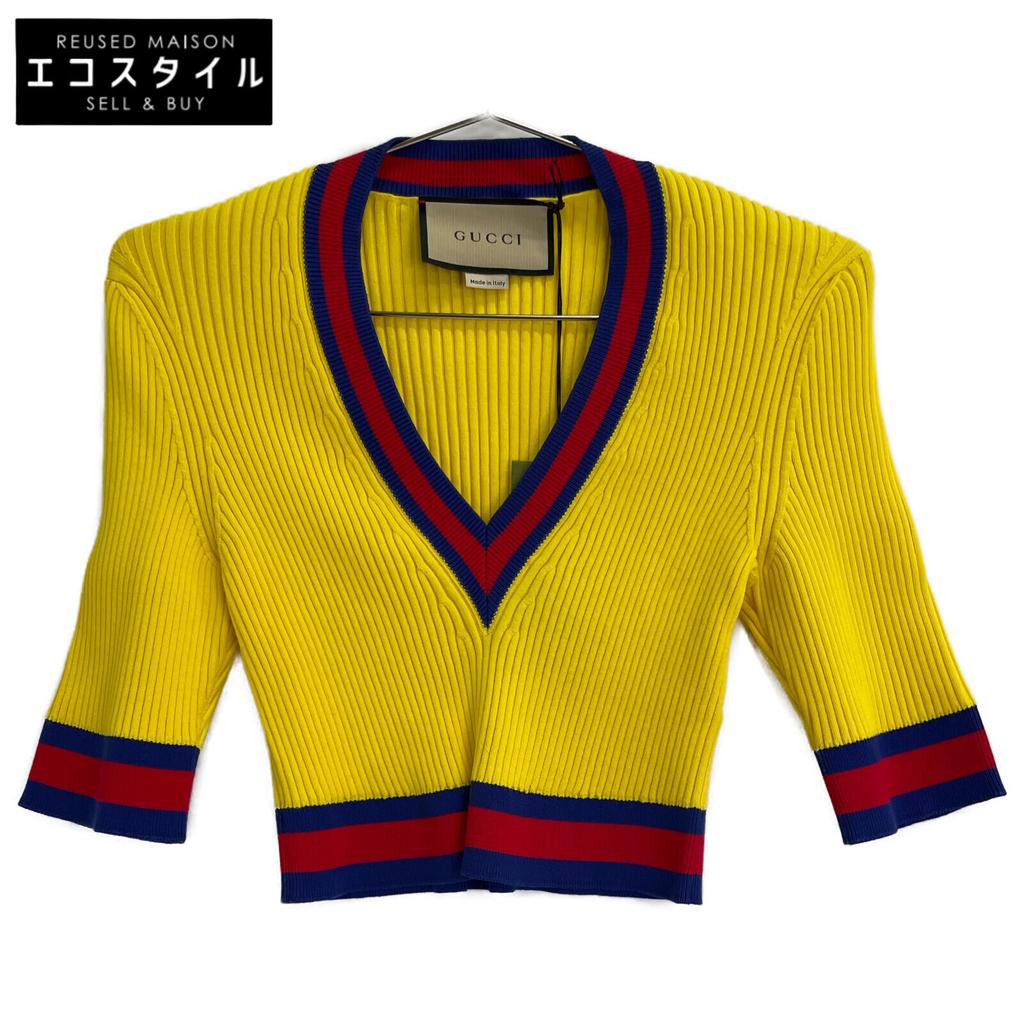 Gucci 756271 Yellow Stretch Viscose Top Cropped V-neck Knit Top Tops M yellowUsed