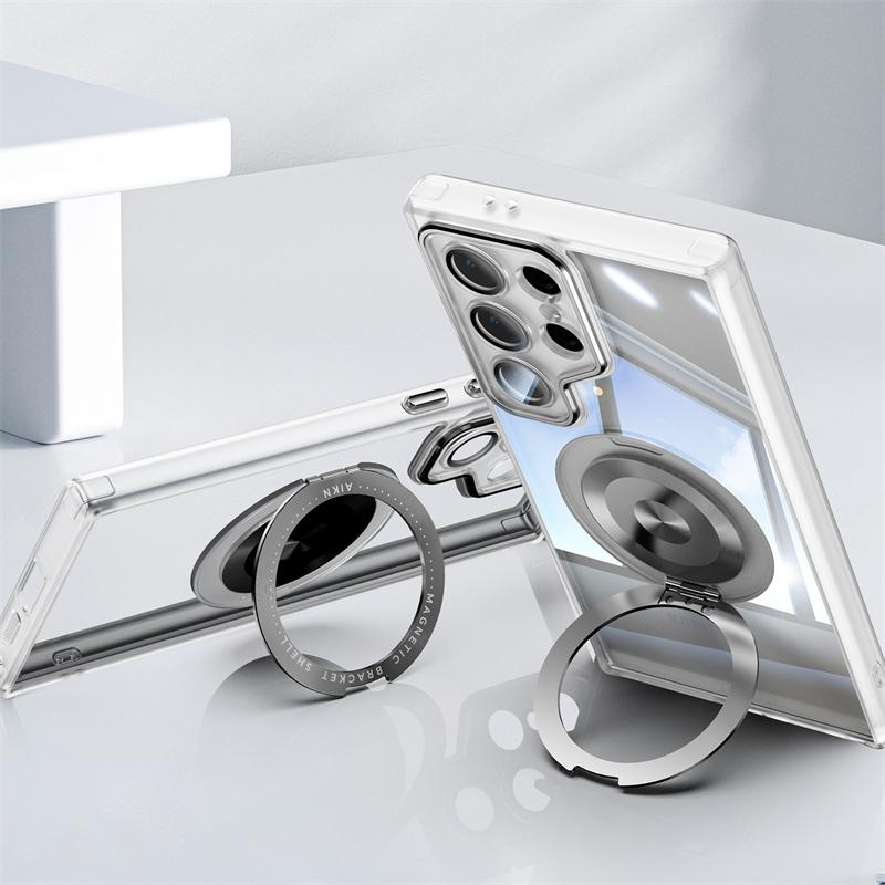 Transparent Hard Case For For Samsung Galaxy S25 S24 S23 Ultra Plus For Magsafe Magnetic Charge Shockproof Armor Stand Holder Cover