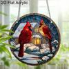 Acrylic Winter Cardinals with Snowy Cabin Suncatcher, Stained Glass Effect Window Hanging Ornament for Christmas & Nature Lover Gifts