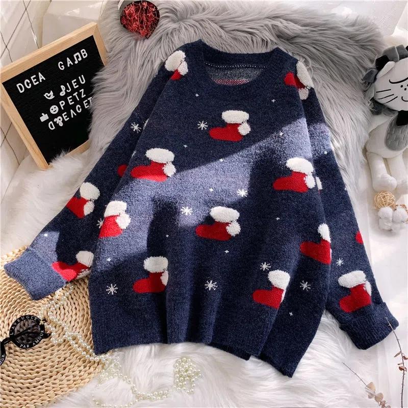 Schneeflocke Christma O-Ausschnitt Pullover Damenmode Langarm Herbst Winter Socken Print Strickpullover Chic Lady Jumper