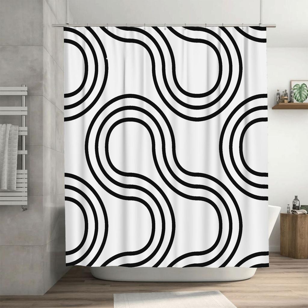 Black White Geometric Pattern Waterproof Mildew-Proof Shower Curtain Modern Minimalist Decor Suitable For Wet And Dry Separation