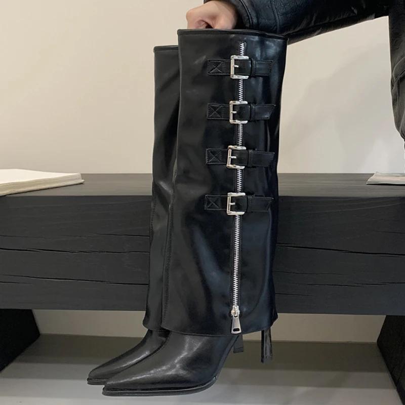Eilyken Design Belt Buckle Knee High Boots Women Winter Sexy Thin Heels Pointed Toe Zipper Stripper Shoes  De Mujer