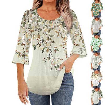 Tricou de damă la modă, casual, plisat, cu guler rotund, imprimeu floral, mânecă trei sferturi