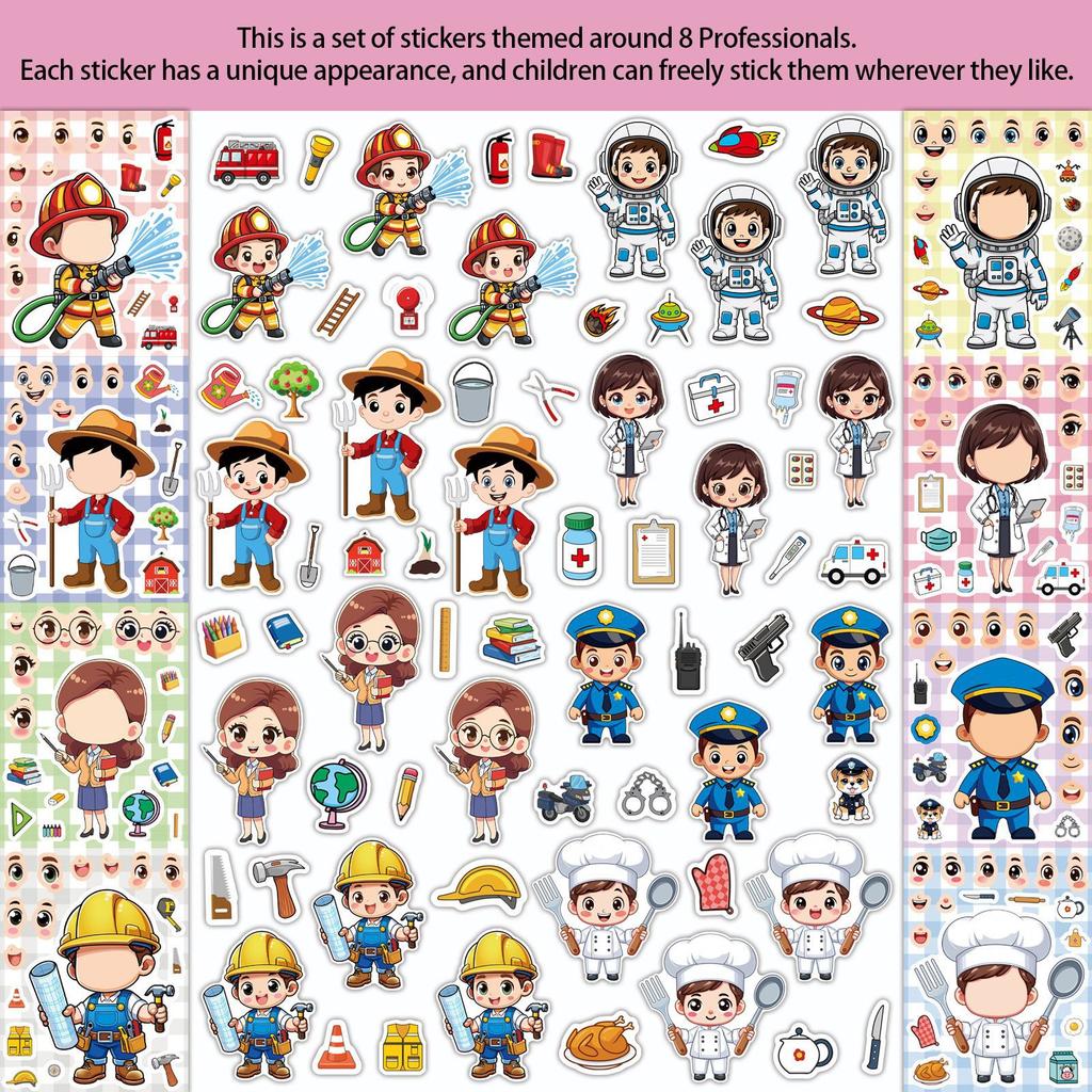 8pcs Different Career Cute Cartoon Character Puzzle Graffiti Stickers  For Laptop Notebook Phone Thermos Diy Stickers Toys Gift