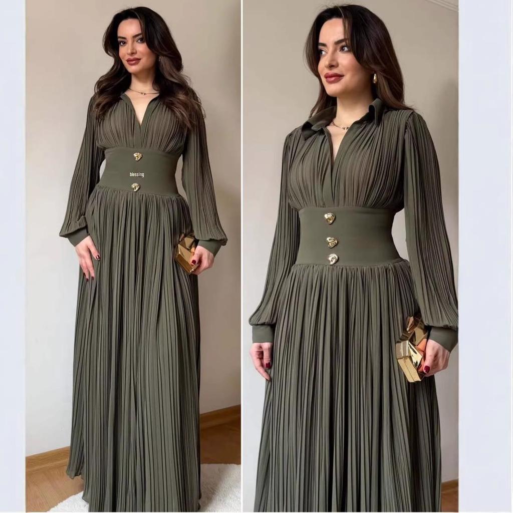 European Elegant Long-Sleeve Polo Collar Pleated Dress - Solid Color, New Style Fashion