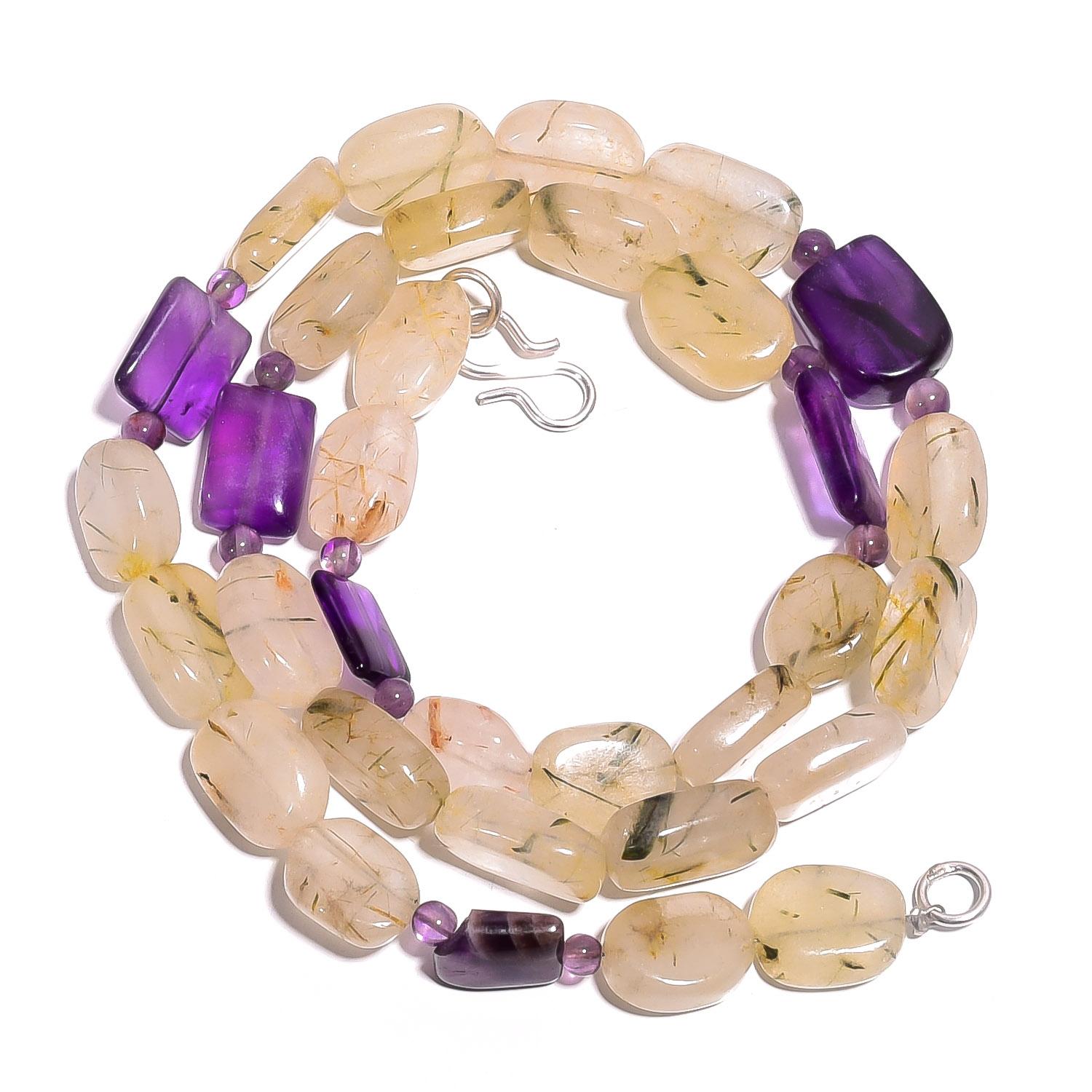 

Natural Rutile Quartz Amethyst Gemstone Mix Smooth Beads Necklace 17 UB-4144 UB-4144