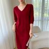 Women's Mid-length V-neck Cashmere Sweater Dress - Slim Fit, Medium Sleeves