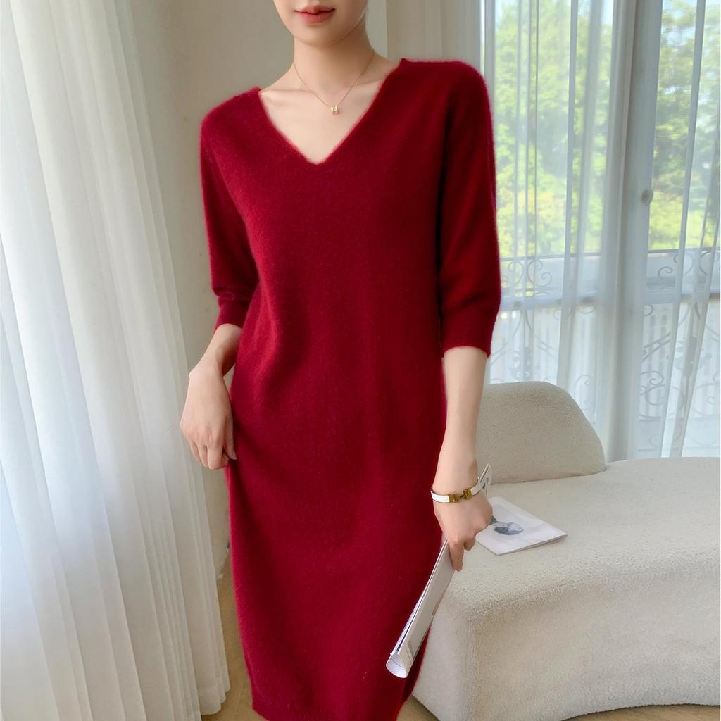 Women's Mid-length V-neck Cashmere Sweater Dress - Slim Fit, Medium Sleeves