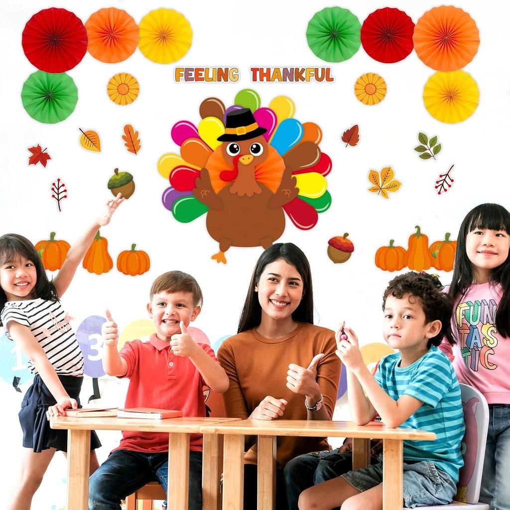 Ceiba Tree Thanksgiving Bulletin Board Decorations with Paper Fans Thankful Turkey Bulletin Board Classroom Decorations Set Leaves Pumpkin Cutouts