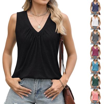 Women's Fashion Casual Tops Pleated V Neck Summer Sleeveless Tops