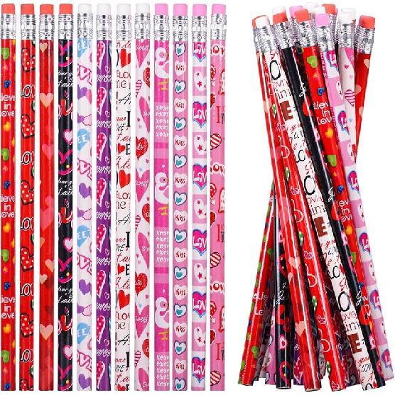 24 Pieces Valentine's Day Pencils for Kids Valentines Pencil Bulk Holiday Pencils with Top Erasers Pencils for Valentine's Day Gifts Party Favors