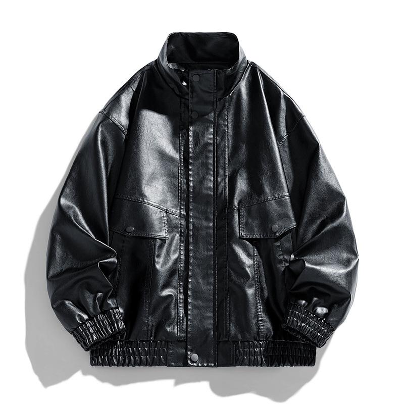 New Fattened Plus Size Leather Jacket Men's PU Leather Tooling Large Size Leather Jacket Men's Stand-Up Collar Locomotive Douyin Cross