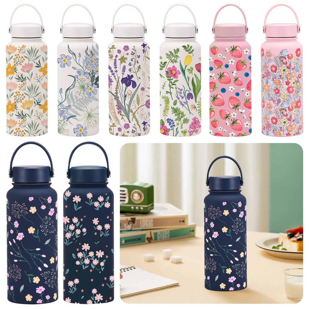 1000ml Stainless Steel Insulated Bottle Thickened Large Capacity Sports Water Bottle Wide Mouth with Handle Printed Cup
