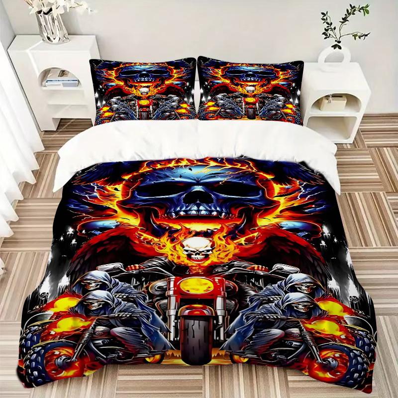 3pcs Ghost Rider Motorcycle Skull Decorative Bedding Set - Includes One Quilt Cover and Two Pillowcases (No Core) - Anime Cartoon Design for Bedroom a