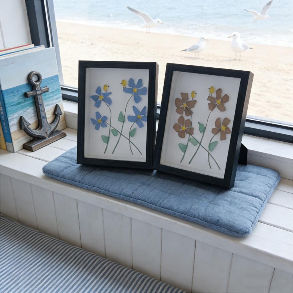 Sea Glass Flower And Bird Photo Frame, Home Desktop Decoration, Sea Glass Art Photo Frame Painting