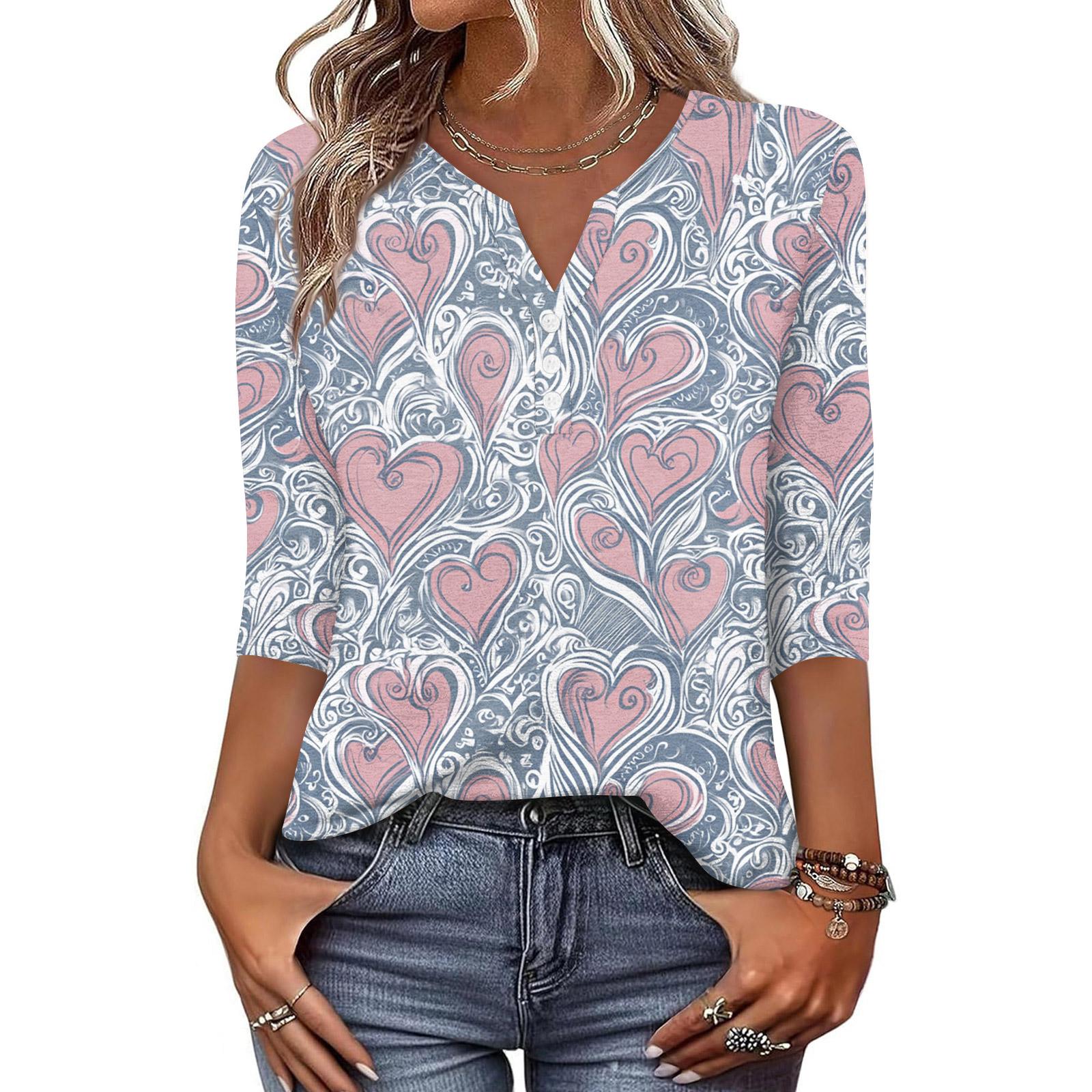 

Жіноча футболка з принтом на ґудзиках з рукавами 3/4, щоденна мода на вихідні, звичайний топ із V-подібним вирізом XXL