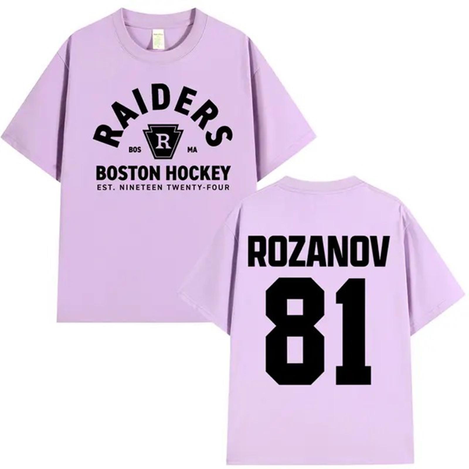 Повседневная футболка с коротким рукавом и круглым вырезом с графикой Boston Hockey, Raiders спереди и Rozanov 81 сзади, унисекс, удобный хлопковый топ M фиолетовый